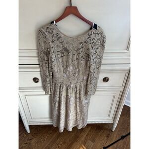 Boden Gold Lace Overlay Party Cocktail Dress Size 4 3/4 Sleeve Formal Lined